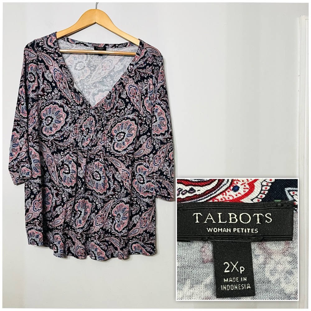 Talbots Top 3/4‎ Sleeve Pintuck Multicolor Red White Blue Blouse Paisley 2X P